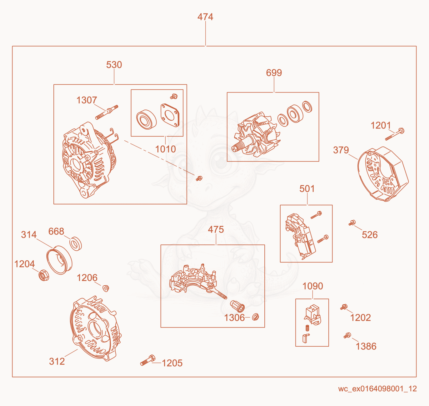 Exploded parts diagram of the Alternator of a Wacker Neuson CRT48-34V, with numbered balloons