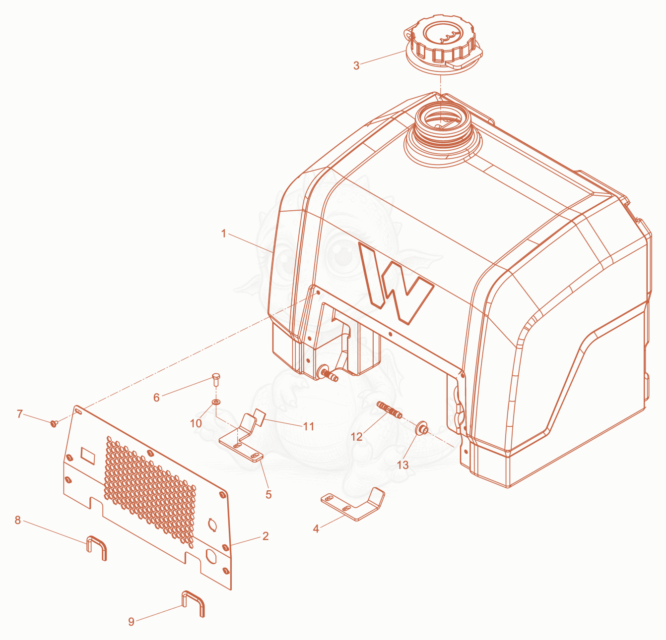 Despiece del Water tank cpl. de una máquina Wacker Neuson RD7YEHFHRC, con globos numerados