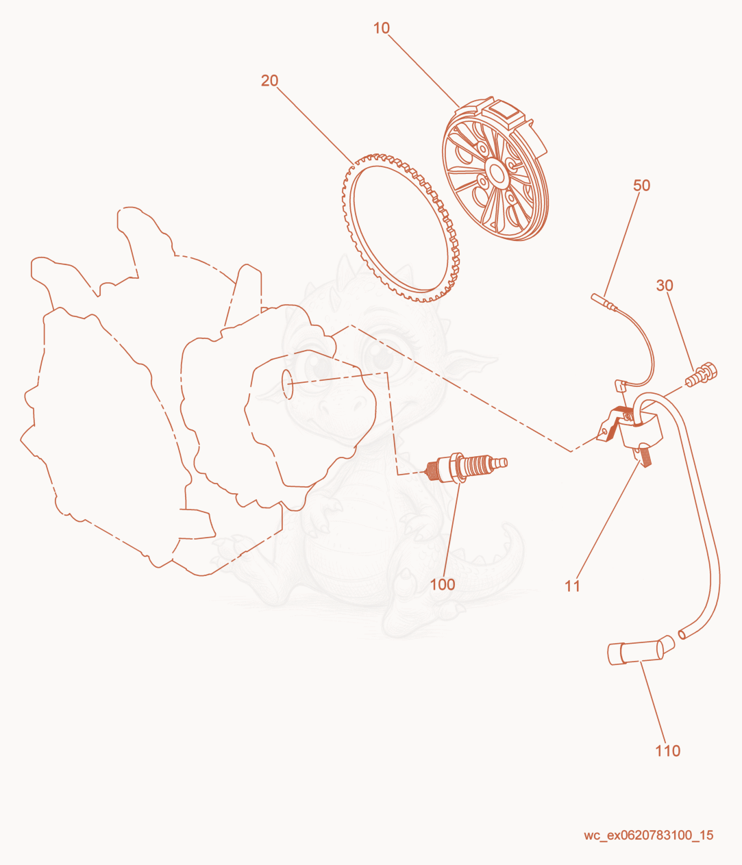 Exploded parts diagram of the Flywheel/Ignition Coil of a Wacker Neuson GPSI4300, with numbered balloons