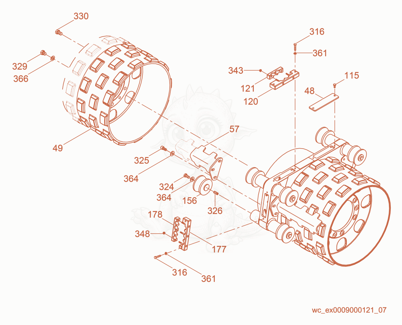Exploded parts diagram of the Front Drum cpl. of a Wacker Neuson RT560, with numbered balloons