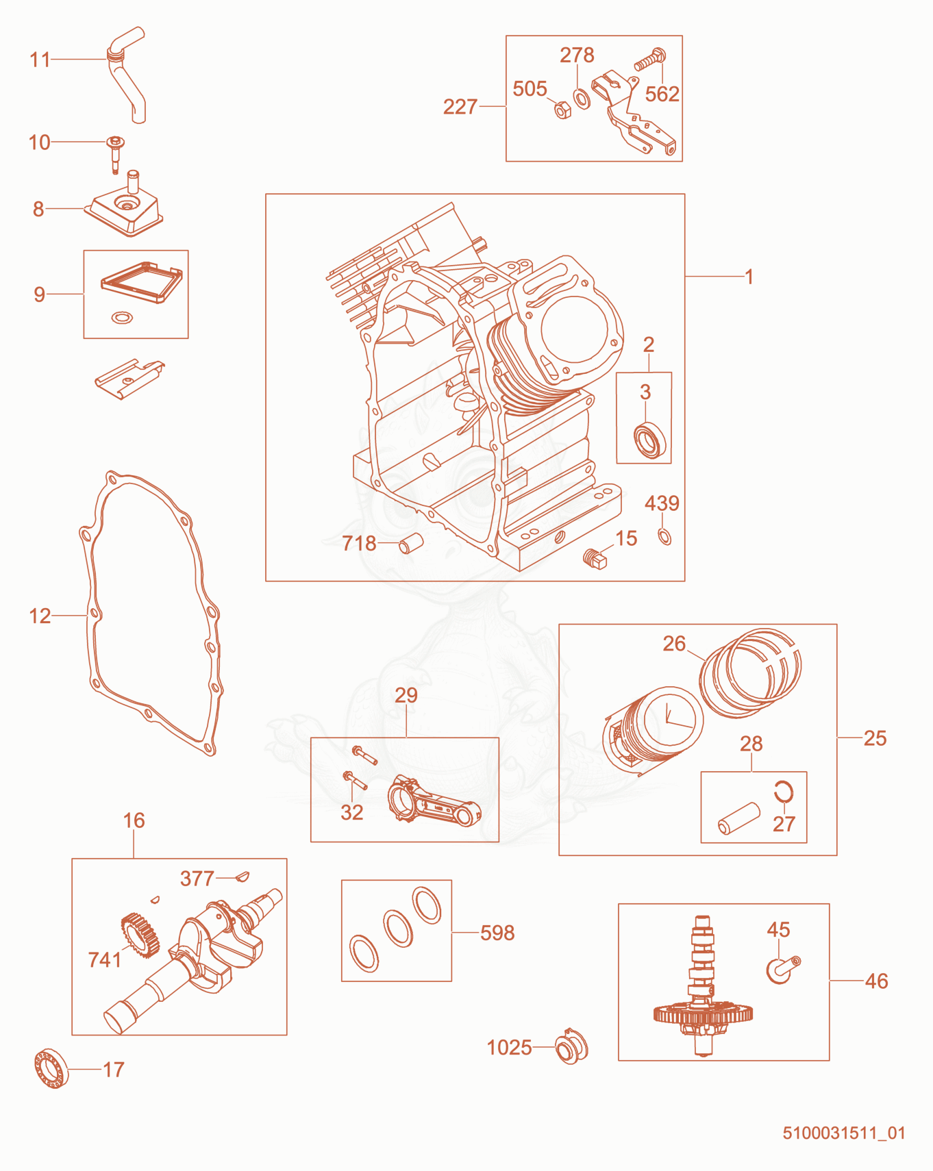 Exploded parts diagram of the Crankshaft/Piston/Cylinder of a Wacker Neuson PTS4V, with numbered balloons