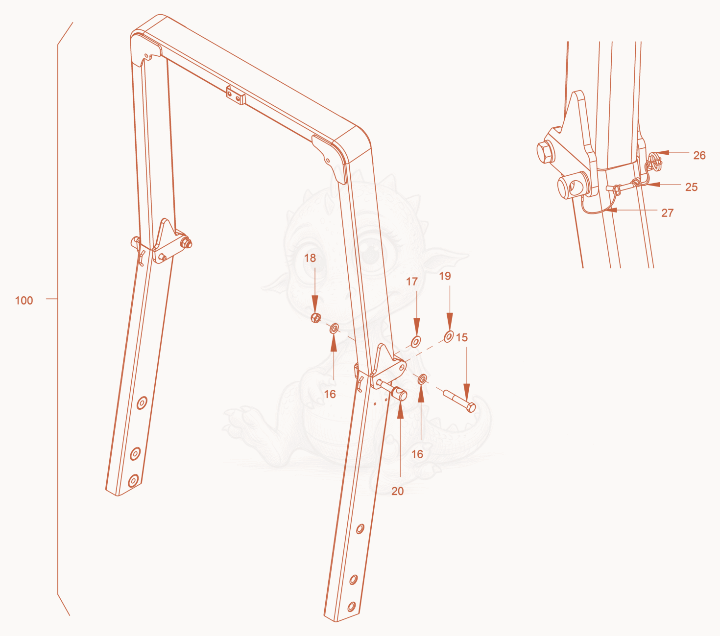 Exploded parts diagram of the foldable roll over protection of a Wacker Neuson RD45-140, with numbered balloons