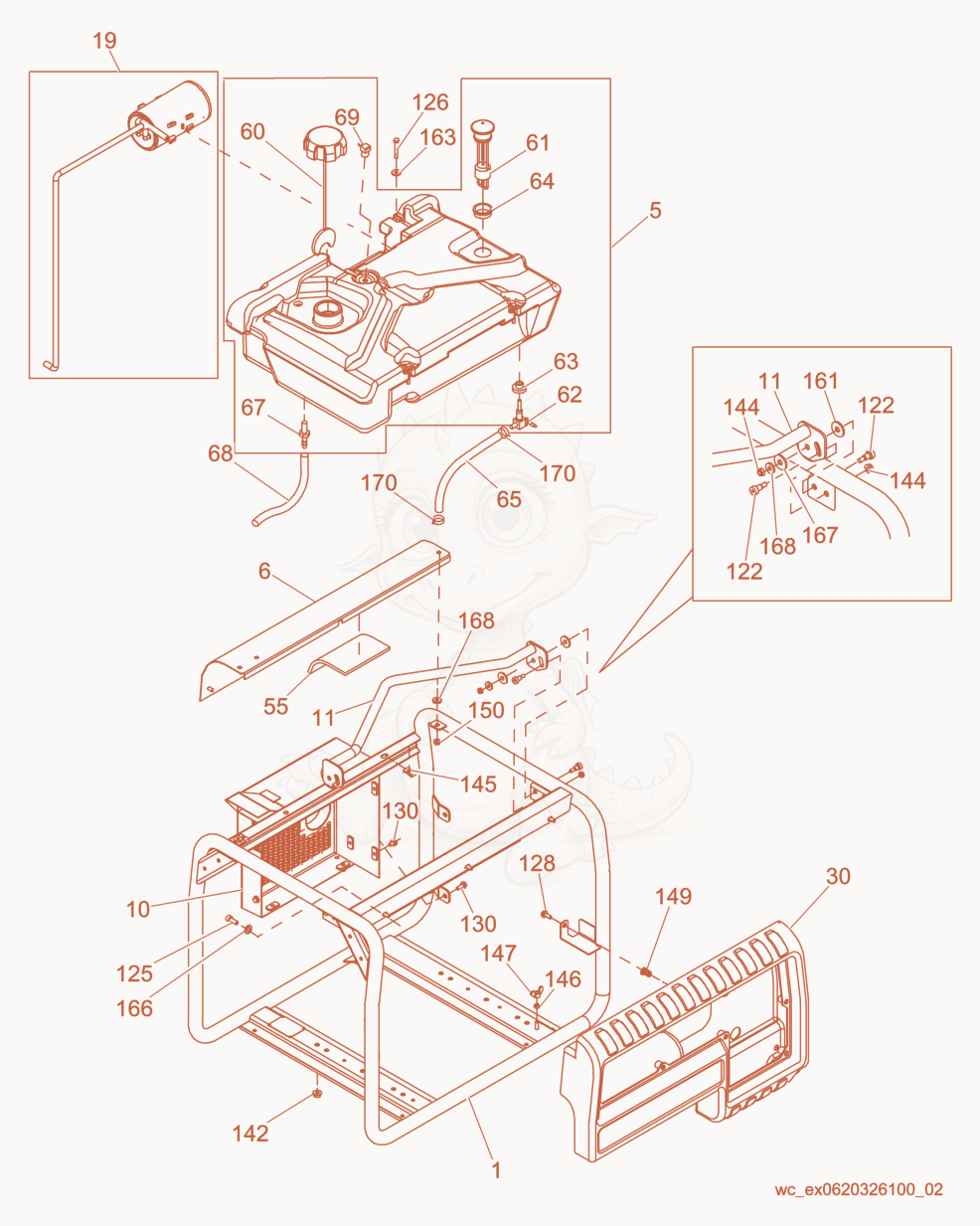 Exploded parts diagram of the Fuel Tank/Control Box/Frame of a Wacker Neuson GPS6600A, with numbered balloons
