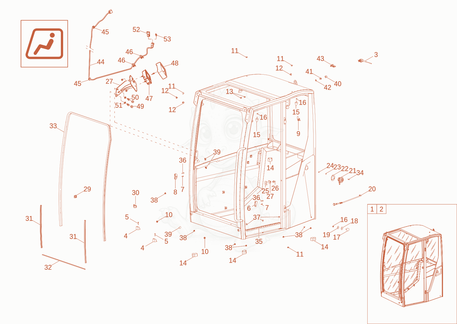 Exploded parts diagram of the CABIN FRAME (OPTION) of a Wacker Neuson ET35, with numbered balloons