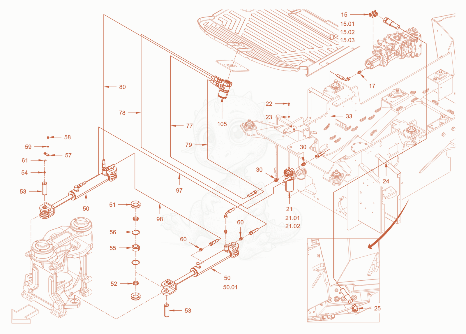 Exploded parts diagram of the steering of a Wacker Neuson RC110PCAB, with numbered balloons