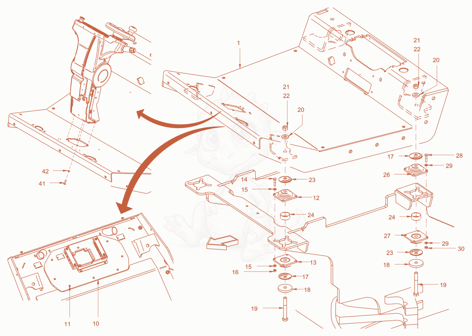 Exploded parts diagram of the operator's platform of a Wacker Neuson RC110PUSROPS, with numbered balloons