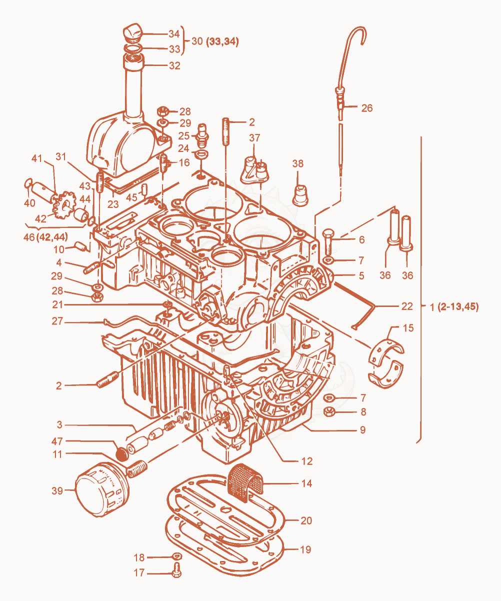 Exploded parts diagram of the Crankcase cpl. of a Wacker Neuson RD15, with numbered balloons