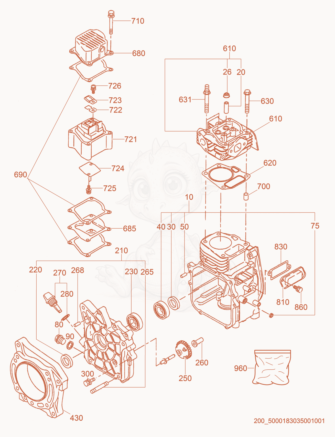 Exploded parts diagram of the Crankcase cpl. of a Wacker Neuson BS60-4SEU, with numbered balloons