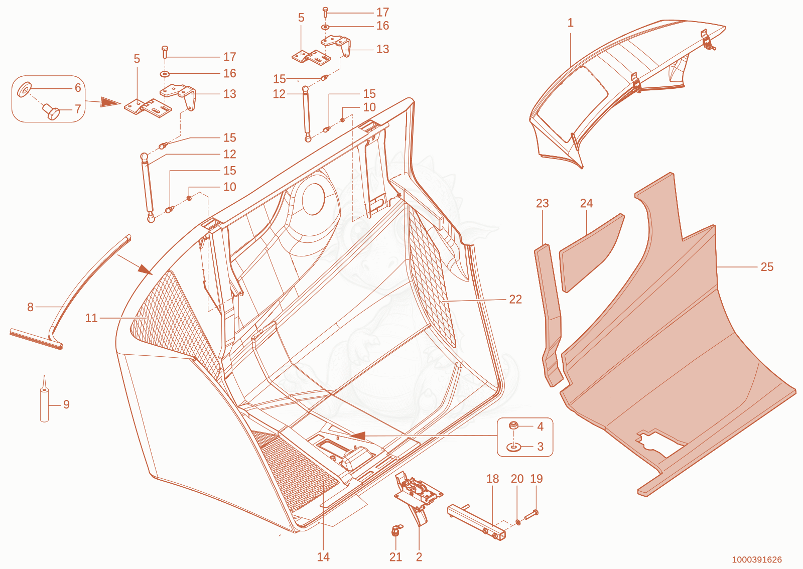 Exploded parts diagram of the engine hood of a Wacker Neuson TH730(415-24), with numbered balloons