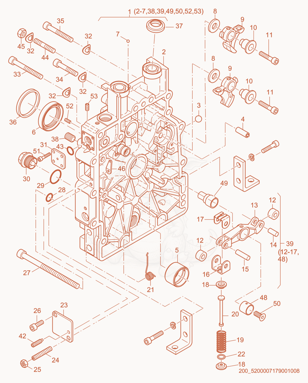 Despiece del Timing Cover de una máquina Wacker Neuson HSH350, con globos numerados