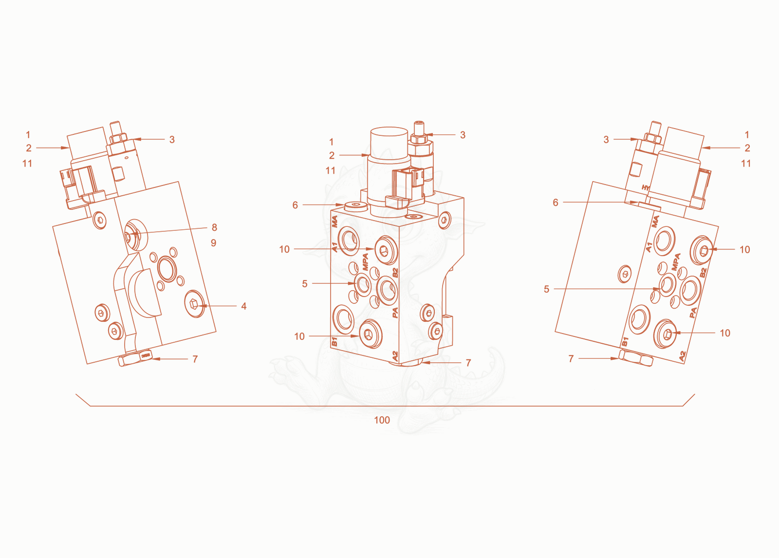 Exploded parts diagram of the valve block of a Wacker Neuson RD18-100C, with numbered balloons