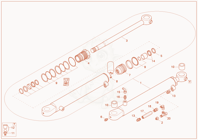 Exploded parts diagram of the boom offset cylinder of a Wacker Neuson 1703, with numbered balloons