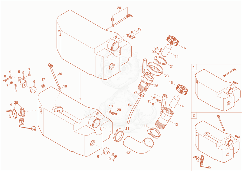 Exploded parts diagram of the fuel tank of a Wacker Neuson ET35, with numbered balloons