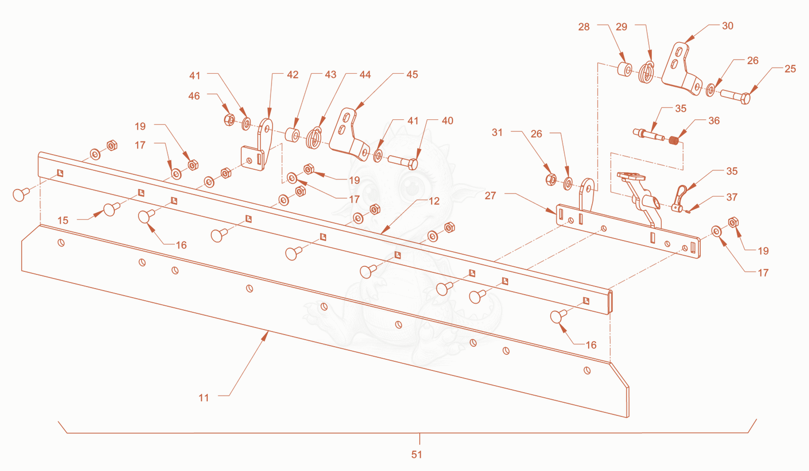 Exploded parts diagram of the Foldable scraper of a Wacker Neuson RD45-140, with numbered balloons