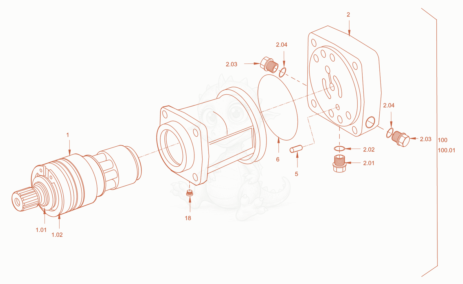 Exploded parts diagram of the constant motor(vibration drive) of a Wacker Neuson RC110USROPS, with numbered balloons