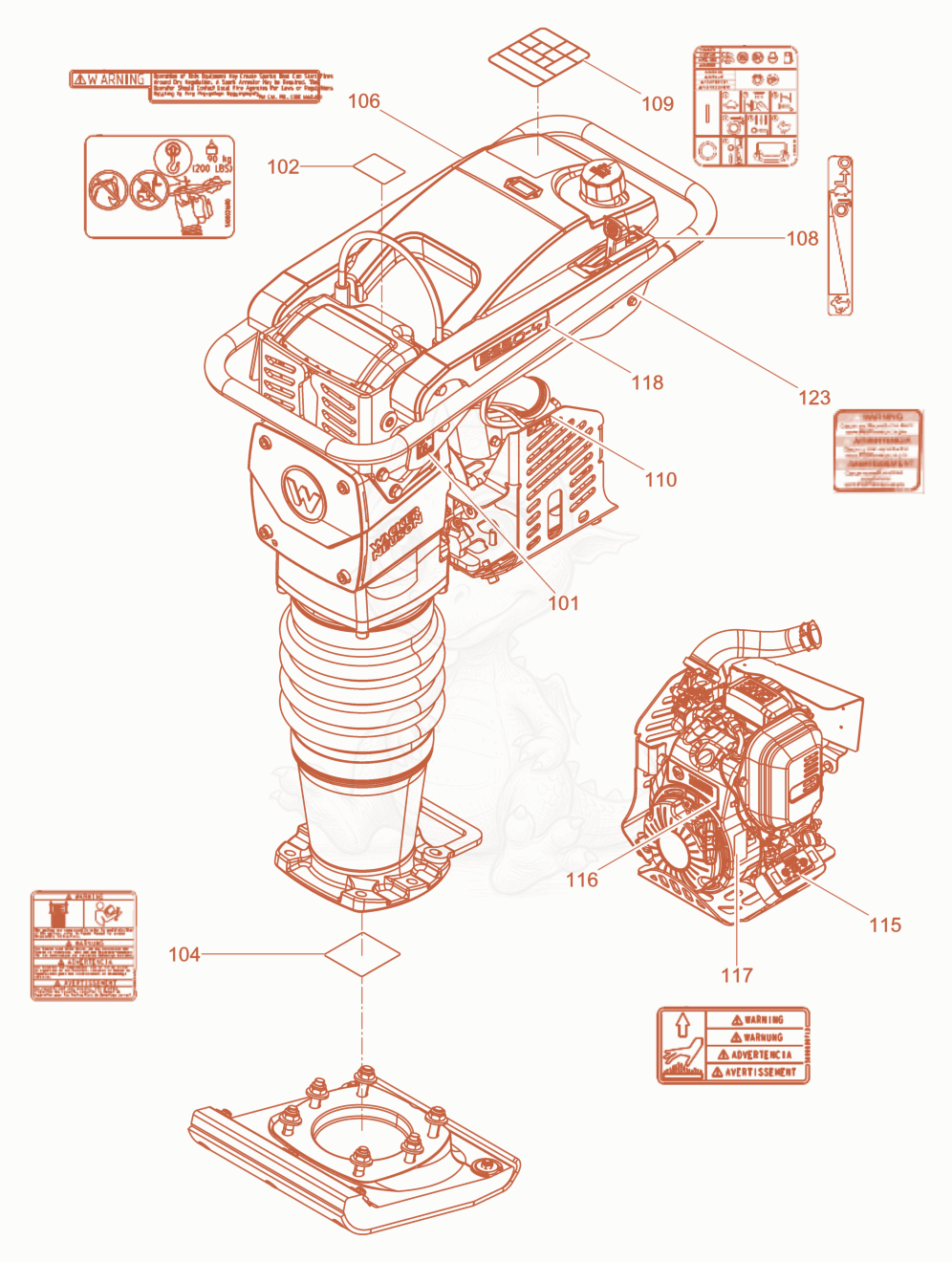 Exploded parts diagram of the Labels of a Wacker Neuson BS50-4AS11INUS, with numbered balloons