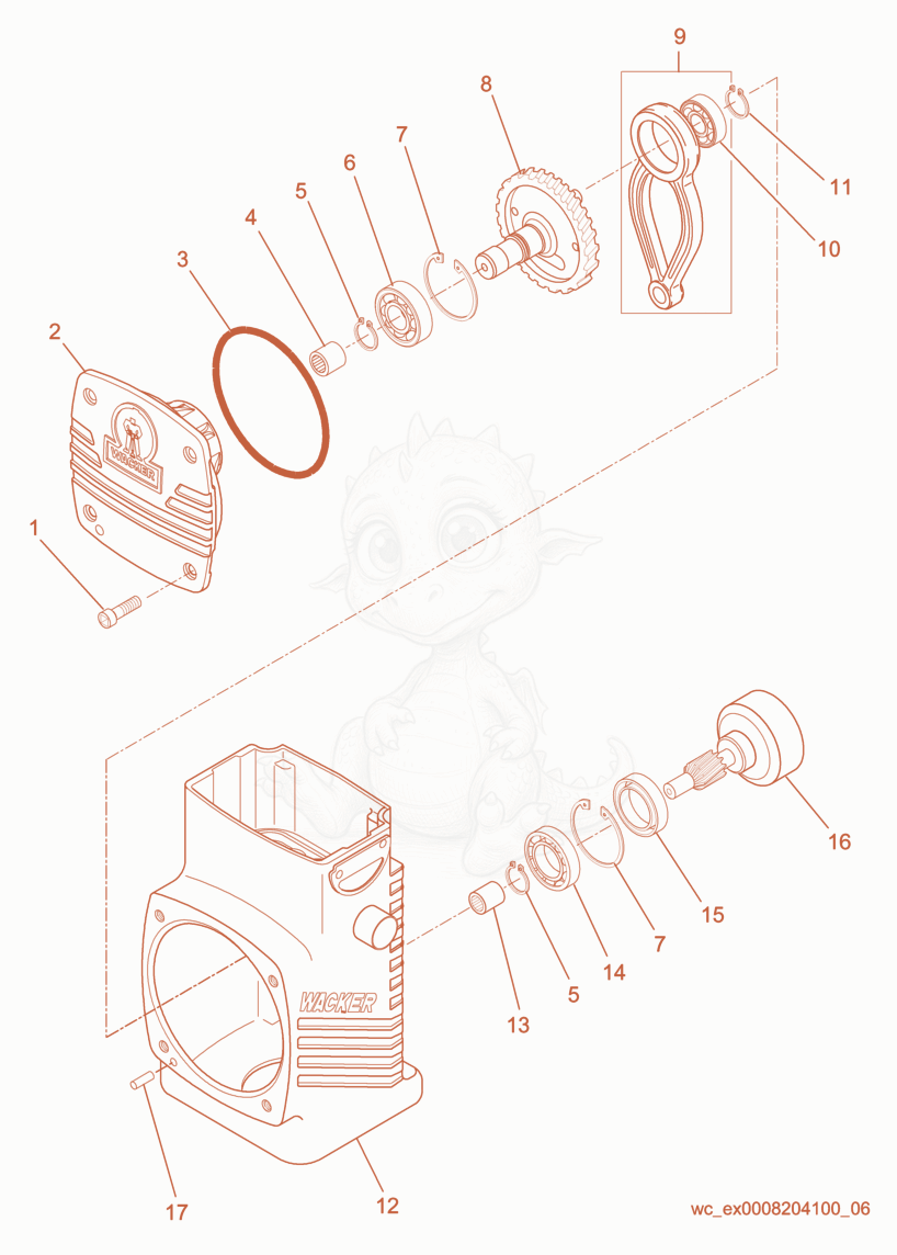 Exploded parts diagram of the Crankcase cpl. of a Wacker Neuson BS700, with numbered balloons