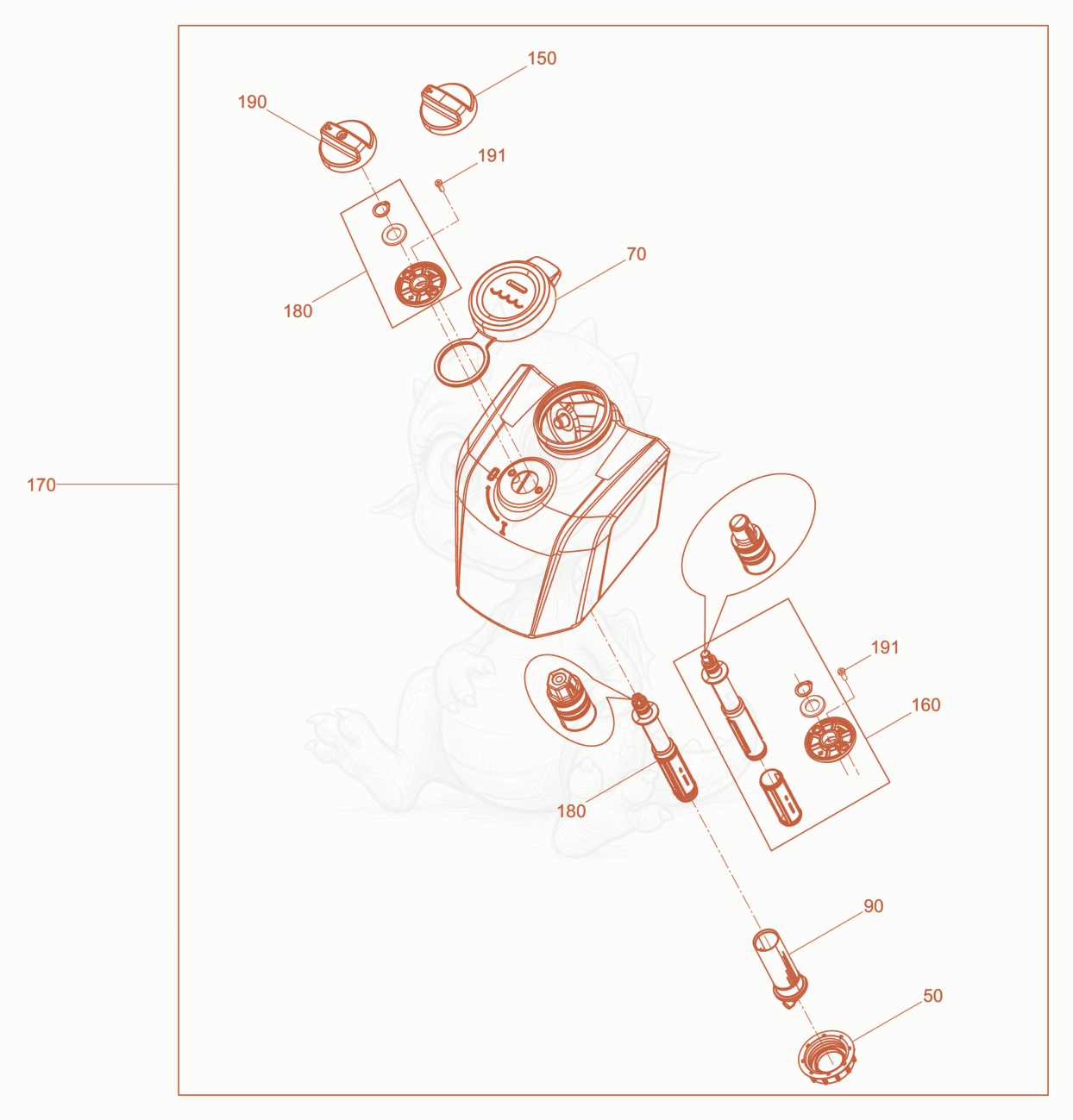 Despiece del Water System de una máquina Wacker Neuson XPSKMAT, con globos numerados