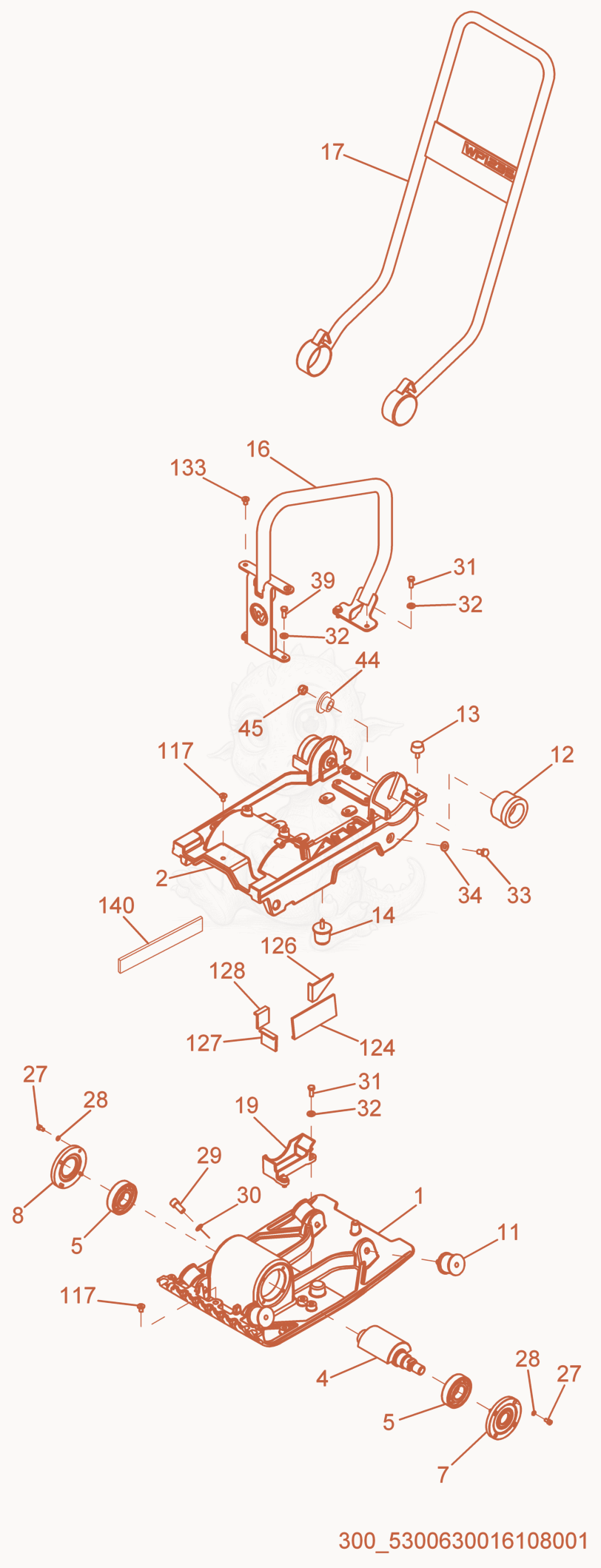 Exploded parts diagram of the Guide Handle/Baseplate of a Wacker Neuson WP1235A, with numbered balloons