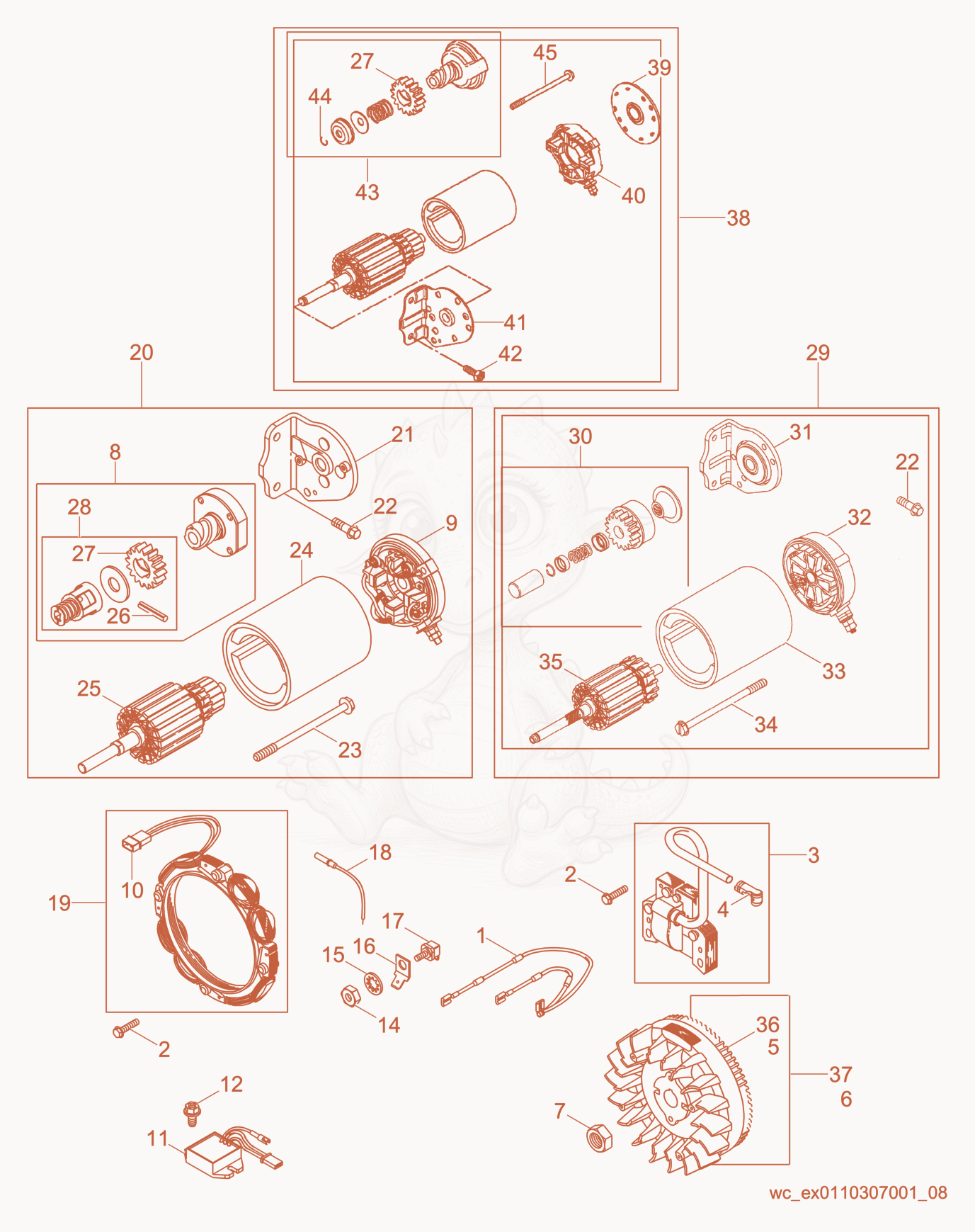 Exploded parts diagram of the Starter Motor of a Wacker Neuson RD880V, with numbered balloons