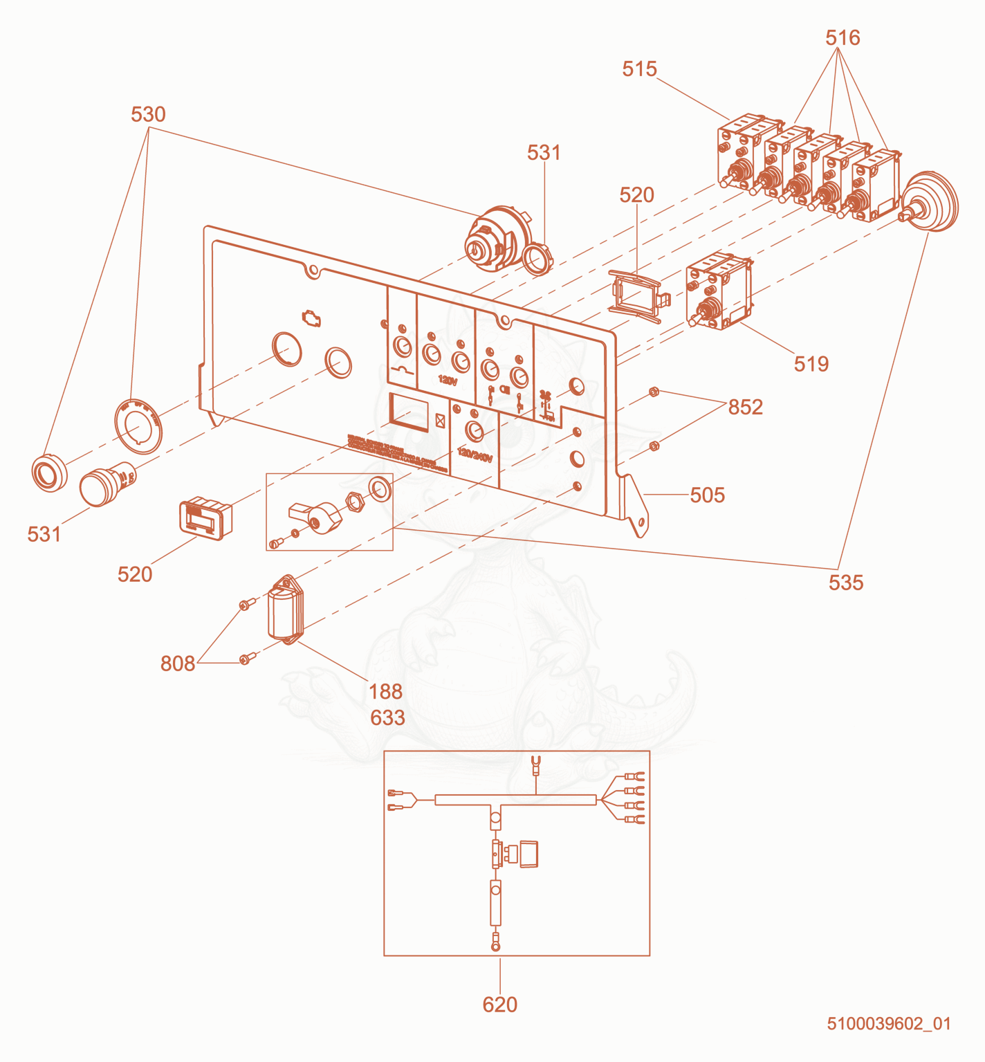 Exploded parts diagram of the Option-Control Panel, Power Winch (LED) of a Wacker Neuson LTV8K, with numbered balloons