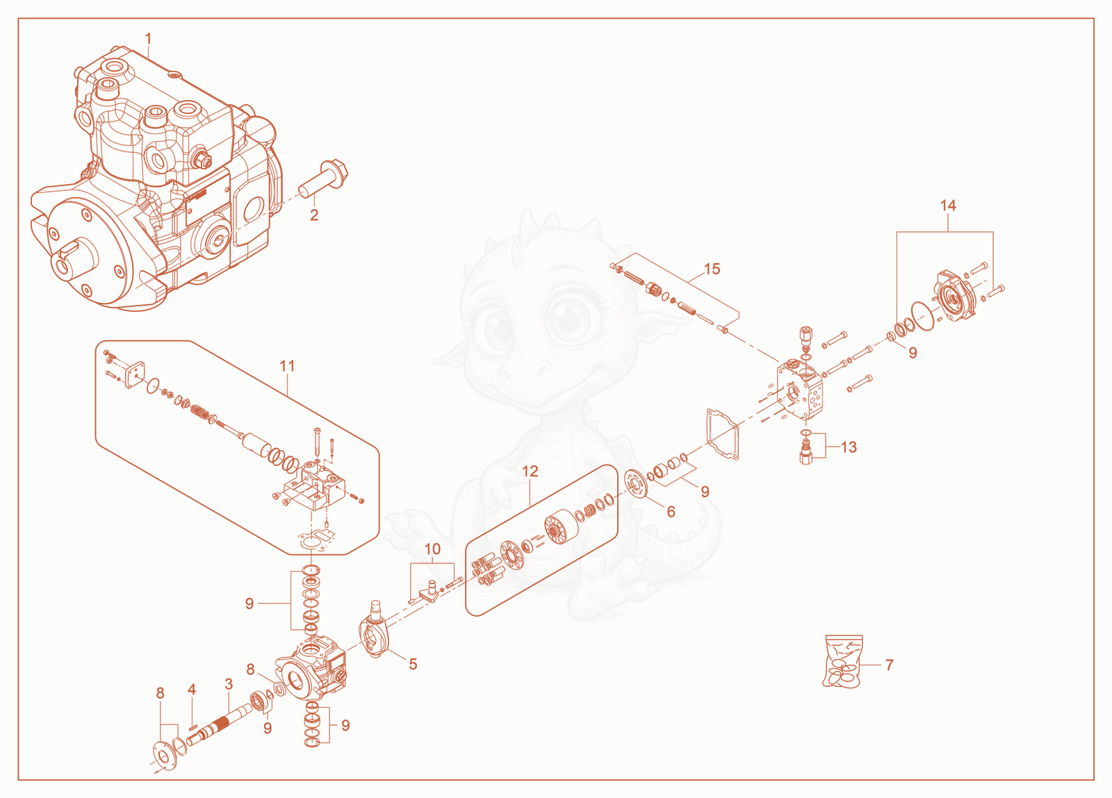 Exploded parts diagram of the Displacement Pump of a Wacker Neuson SM100, with numbered balloons