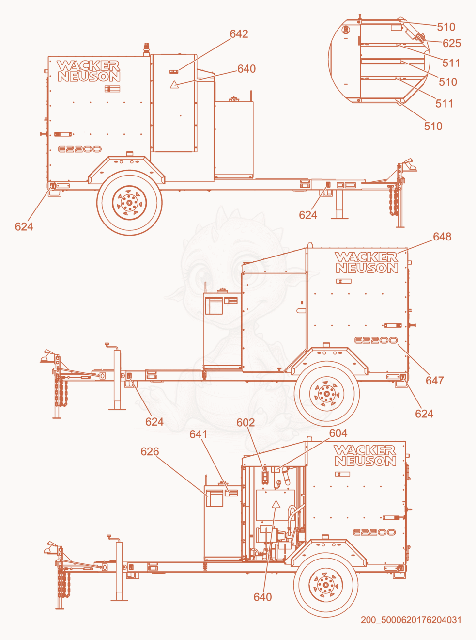 Exploded parts diagram of the Labels of a Wacker Neuson E2200, with numbered balloons