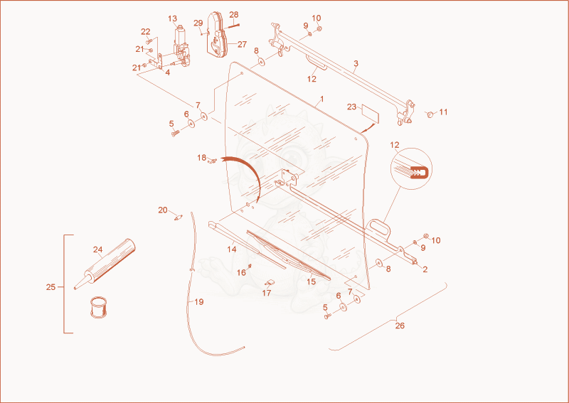 Exploded parts diagram of the front window of a Wacker Neuson 3503RD, with numbered balloons