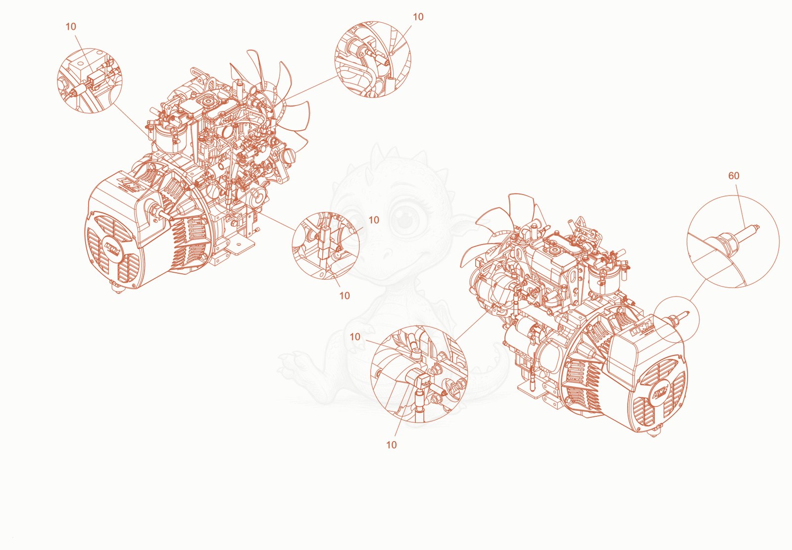 Exploded parts diagram of the cabling , engine of a Wacker Neuson LTN5YUK, with numbered balloons