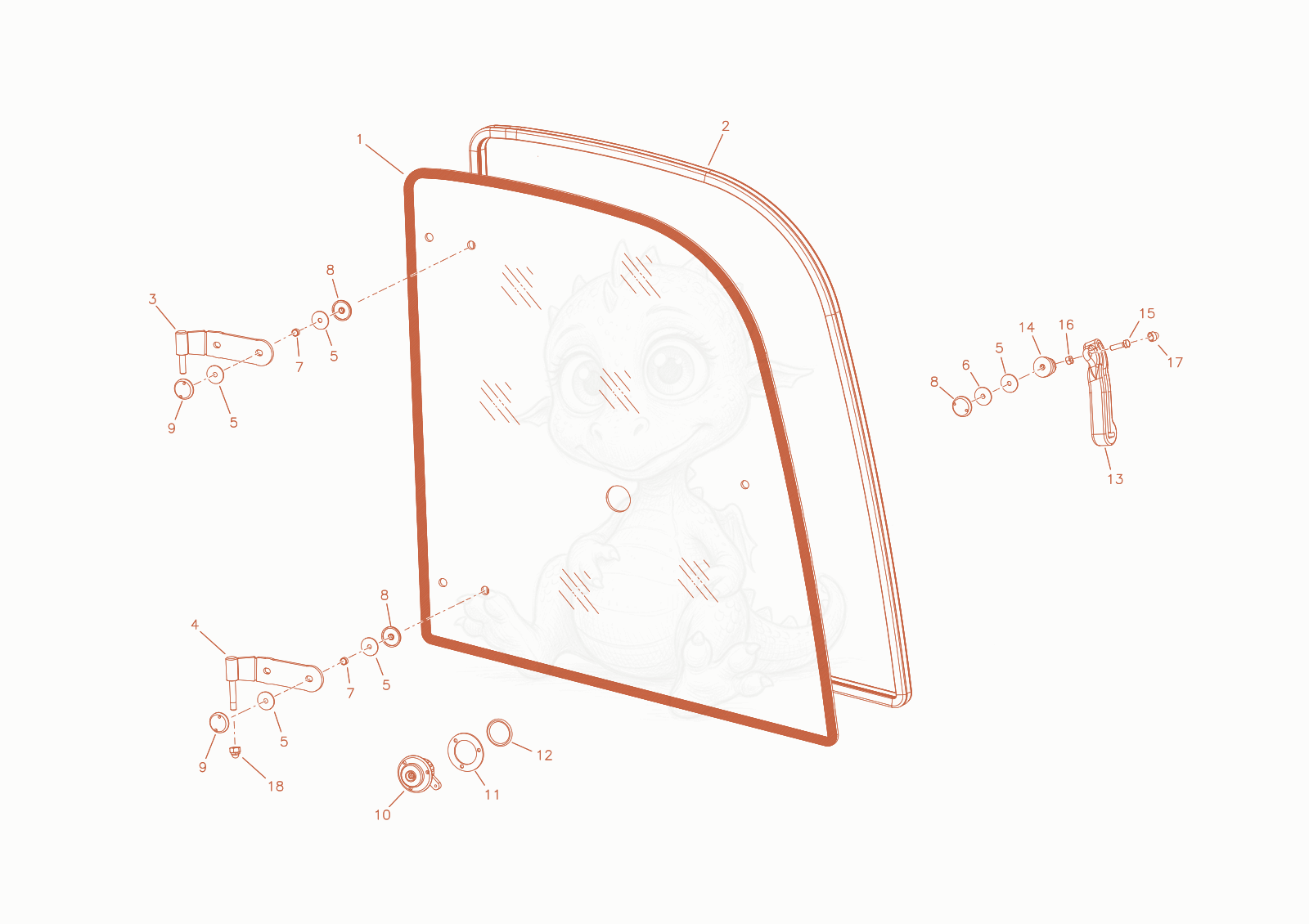Exploded parts diagram of the side window of a Wacker Neuson WL34, with numbered balloons