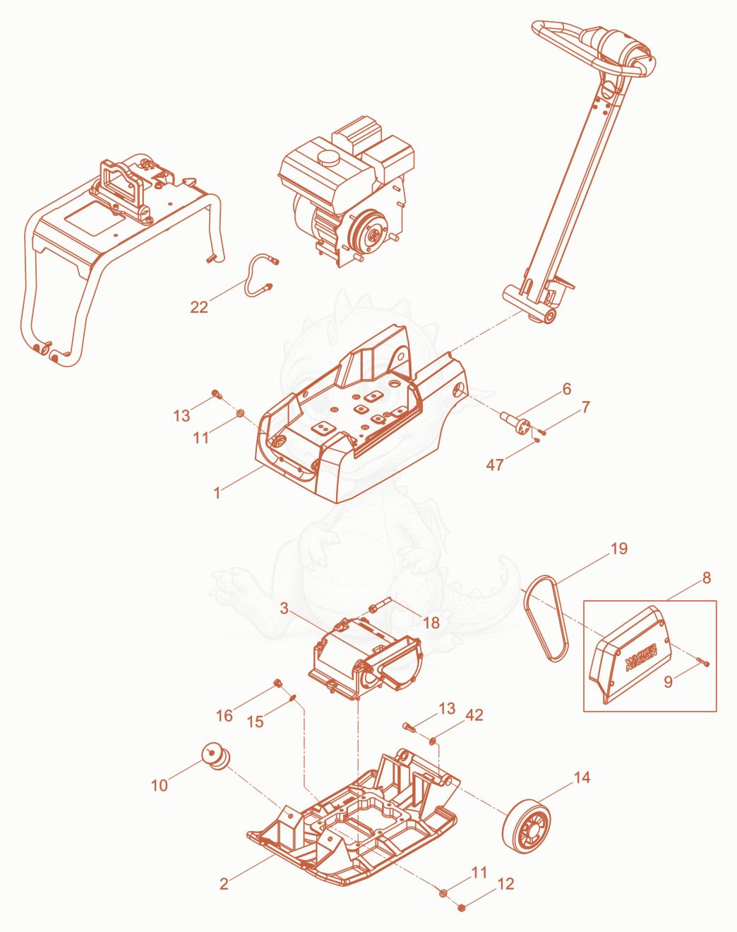 Exploded parts diagram of the Vibratory Plate cpl. of a Wacker Neuson BPU2540A, with numbered balloons