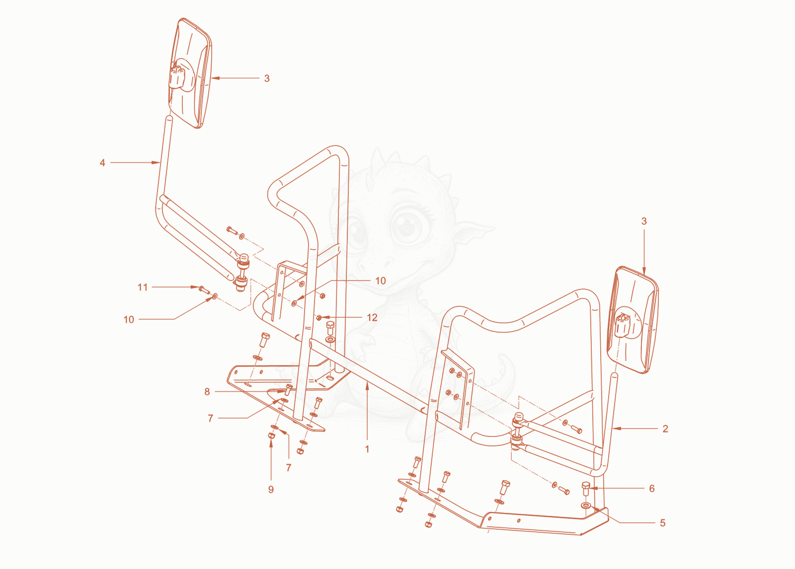 Exploded parts diagram of the roll over protection of a Wacker Neuson RC50PDPFROPS, with numbered balloons