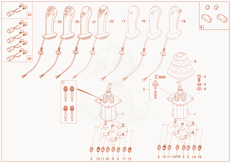 Despiece del joystick de una máquina Wacker Neuson 8003, con globos numerados