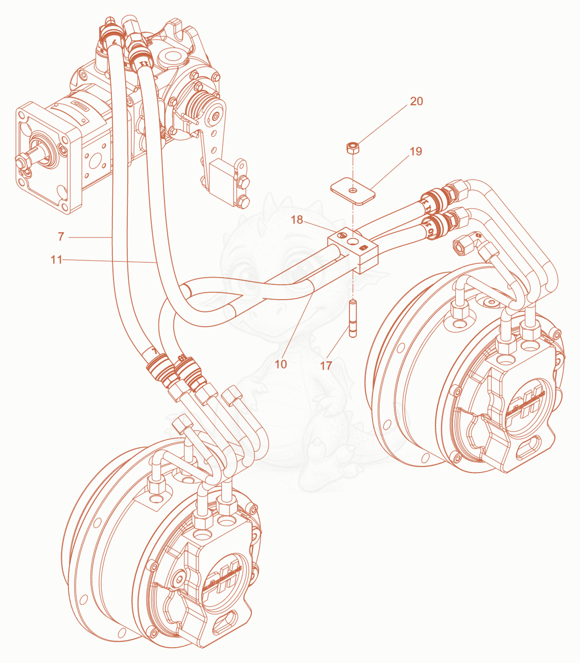 Exploded parts diagram of the Hydraulic hose - Drive System of a Wacker Neuson RD7AFHRC, with numbered balloons