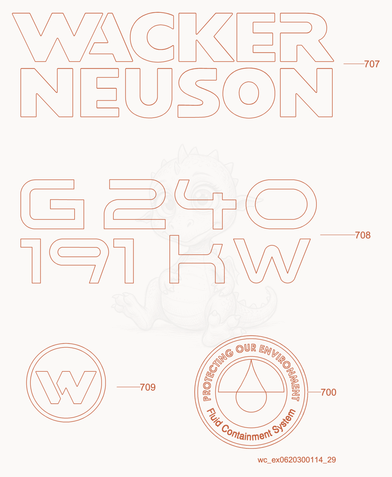 Exploded parts diagram of the Labels of a Wacker Neuson G240, with numbered balloons