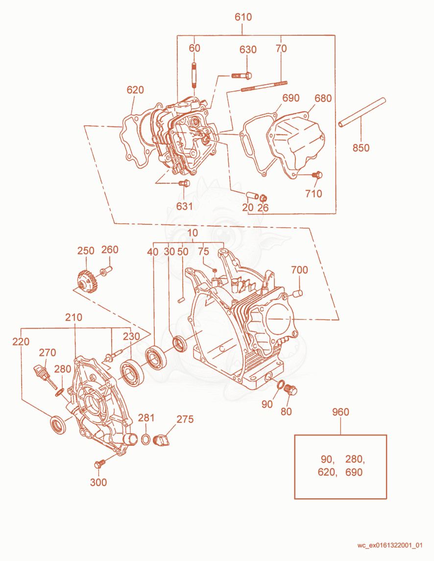 Despiece del Crankcase cpl. de una máquina Wacker Neuson PG3, con globos numerados