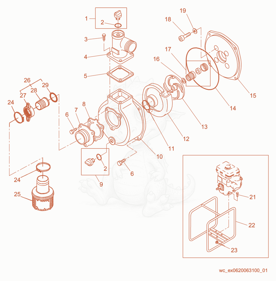 Despiece del Pump Components de una máquina Wacker Neuson PG3TA, con globos numerados
