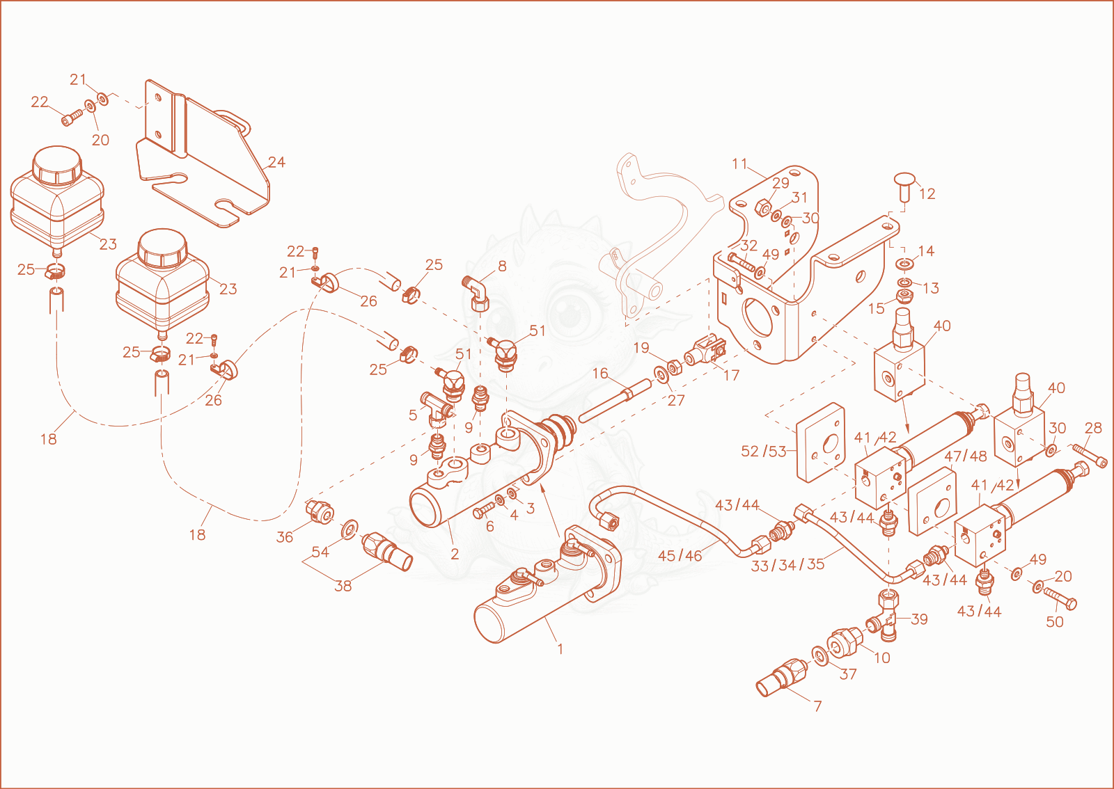 Exploded parts diagram of the masterbrake cylinder of a Wacker Neuson DW100, with numbered balloons