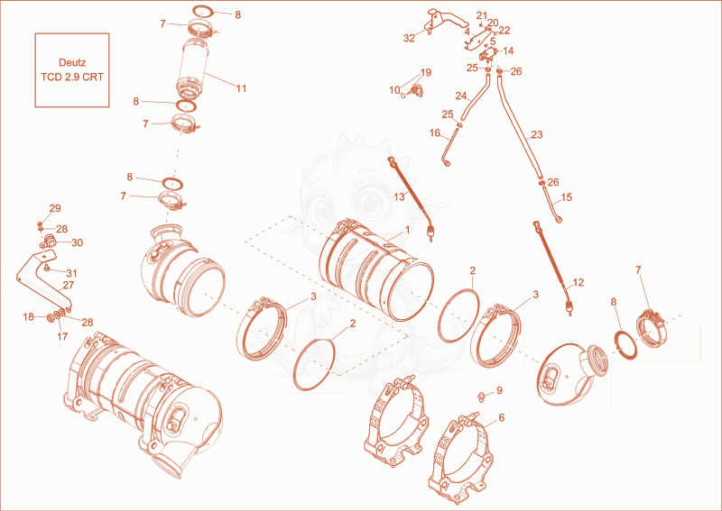 Exploded parts diagram of the Particle Filter of a Wacker Neuson DW50, with numbered balloons