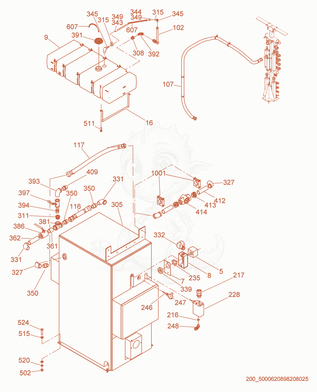 Exploded parts diagram of the Heater/Piping cpl. of a Wacker Neuson E5000, with numbered balloons