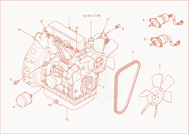 Exploded parts diagram of the diesel engine of a Wacker Neuson 2000/3002, with numbered balloons