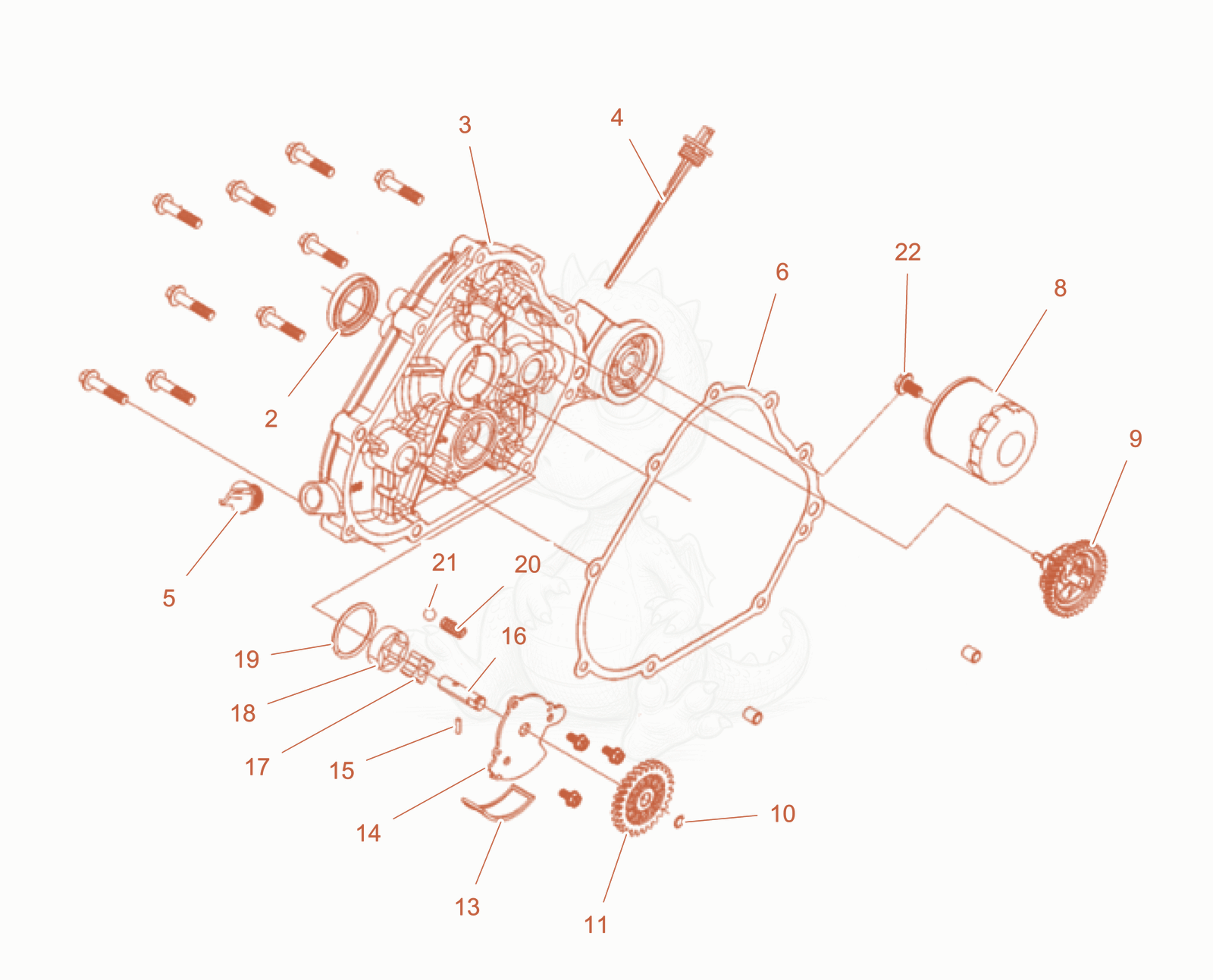Exploded parts diagram of the Crankcase cover cpl. of a Wacker Neuson GS10003G(NO-CE), with numbered balloons