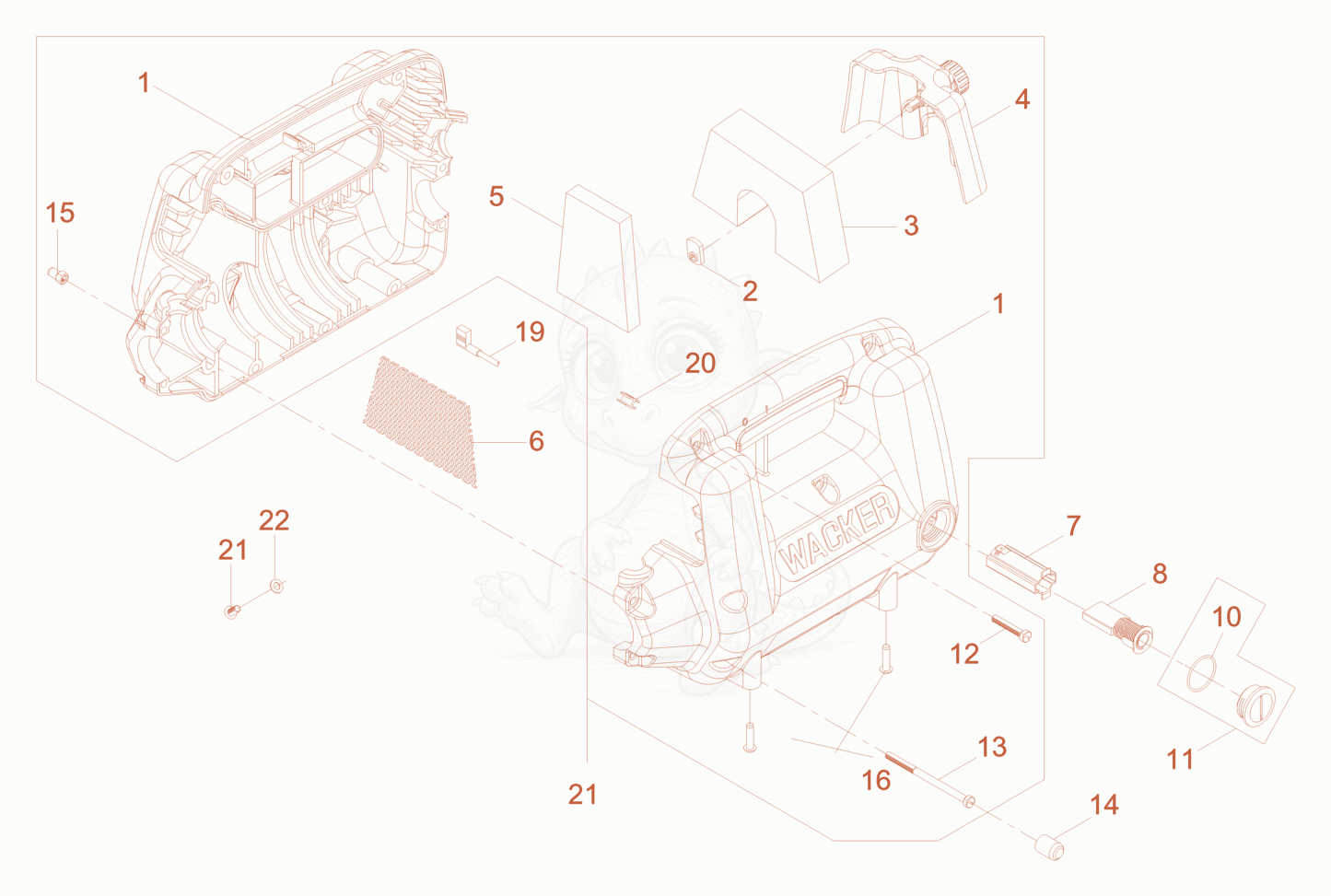 Exploded parts diagram of the Housing cpl. of a Wacker Neuson M2000/230/NGR, with numbered balloons