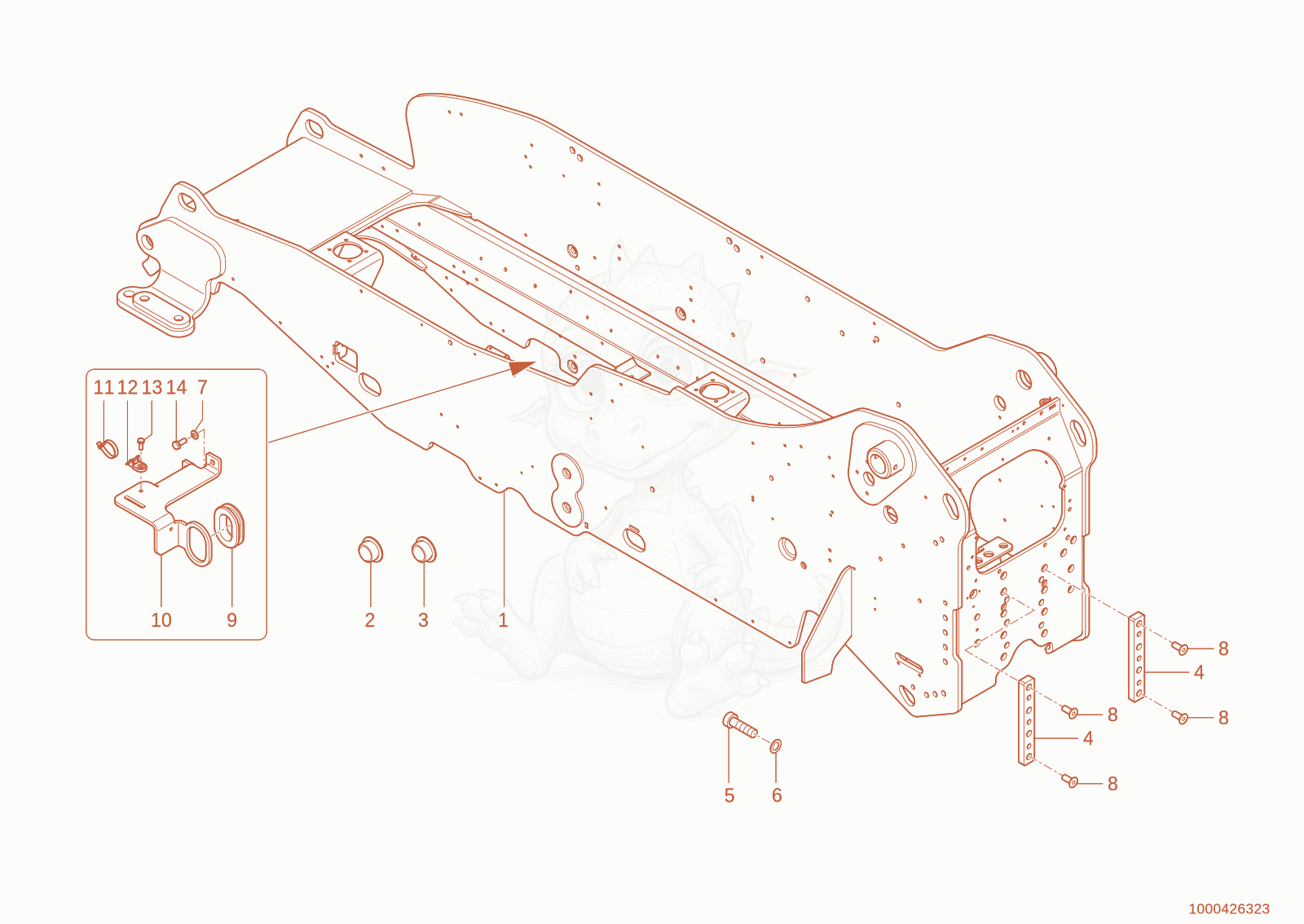 Exploded parts diagram of the Frame of a Wacker Neuson TH627(418-22), with numbered balloons