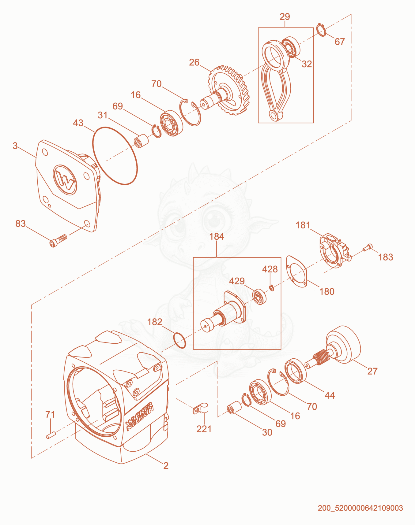 Exploded parts diagram of the Crankcase cpl. of a Wacker Neuson BS50-2I, with numbered balloons