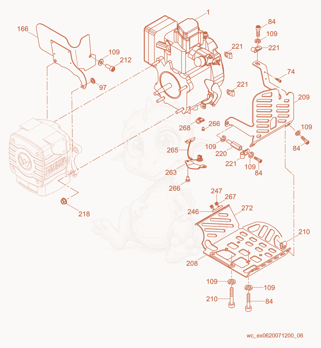 Exploded parts diagram of the Engine Guarding of a Wacker Neuson BS50-4S, with numbered balloons