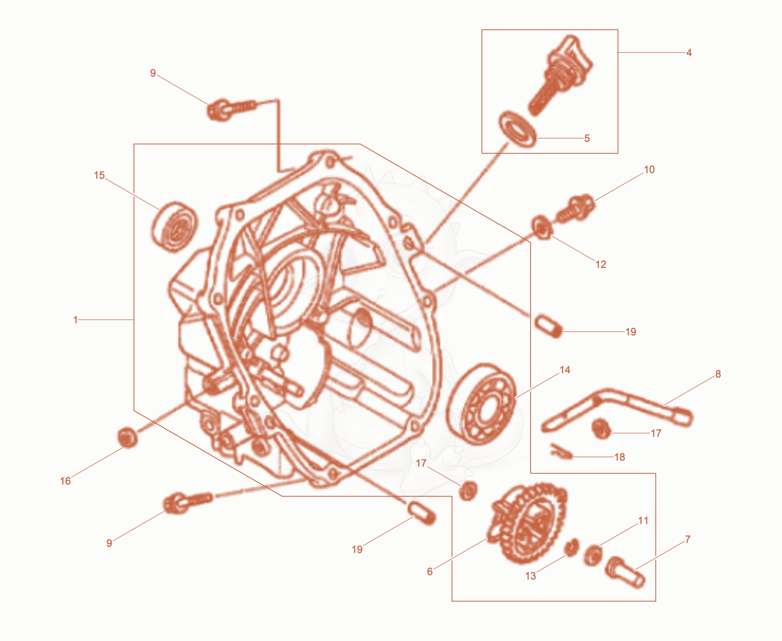 Exploded parts diagram of the Crankcase cover of a Wacker Neuson BS60-4AS11IN, with numbered balloons