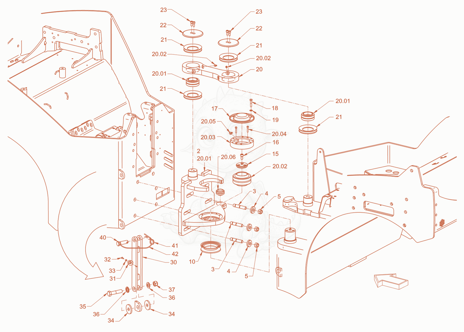 Exploded parts diagram of the centre pivot assembly of a Wacker Neuson RD40-130CDPF, with numbered balloons