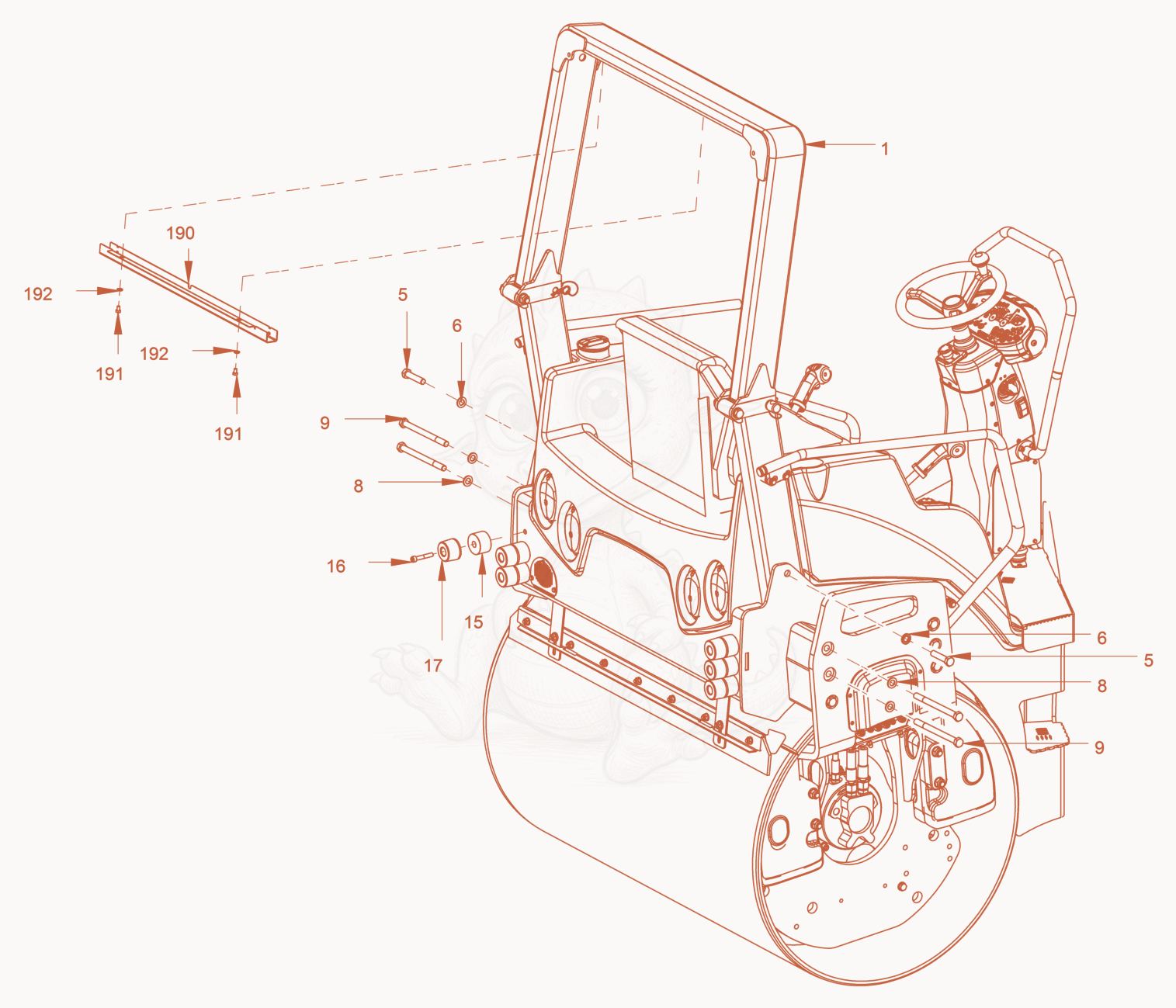 Exploded parts diagram of the foldable roll over protection of a Wacker Neuson RD45-140, with numbered balloons