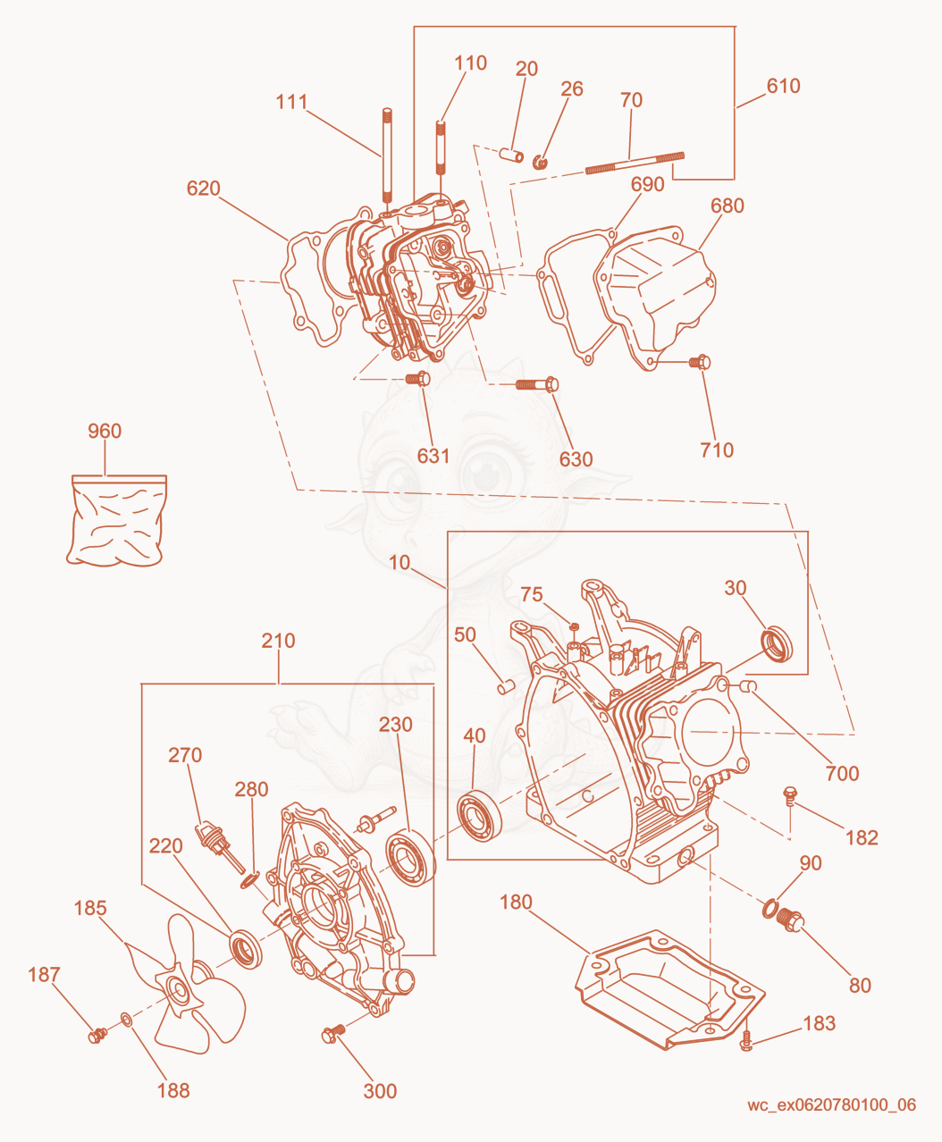 Exploded parts diagram of the Crankcase cpl. of a Wacker Neuson GPSI3200, with numbered balloons